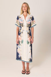 A model wearing the Solara Linen Blend Shirt Dress in colour Navy (Blue), from the front, showing the whole outfit