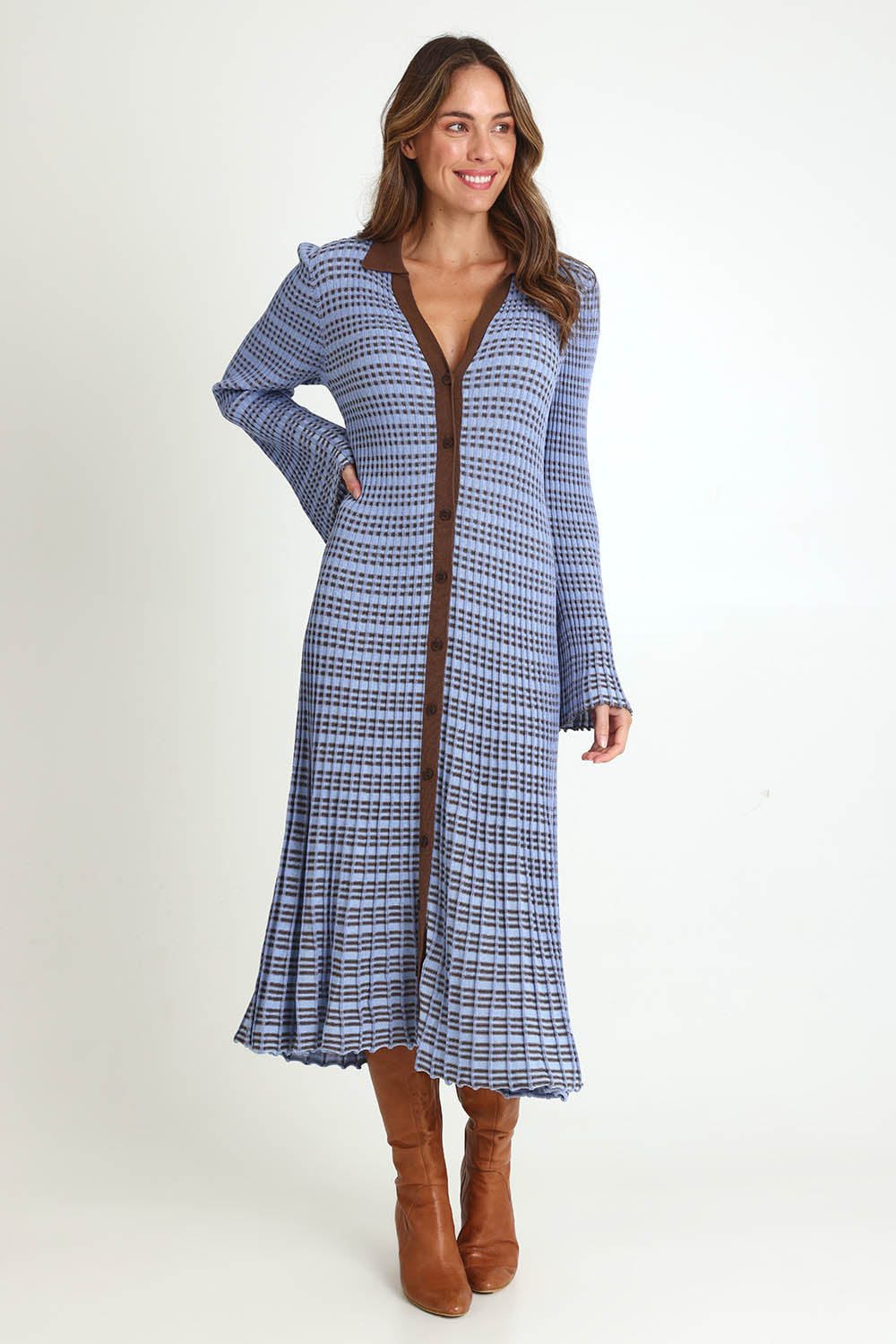 Nesta Check Knit Dress – Blue