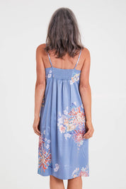 Model Luisa wearing the Rianna Mid Chemise in colour Dusk (Blue), from the back