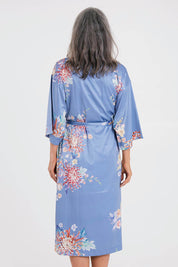 Model Luisa wearing the Rianna Mid Kimono Wrap in colour Dusk (Blue), from the back
