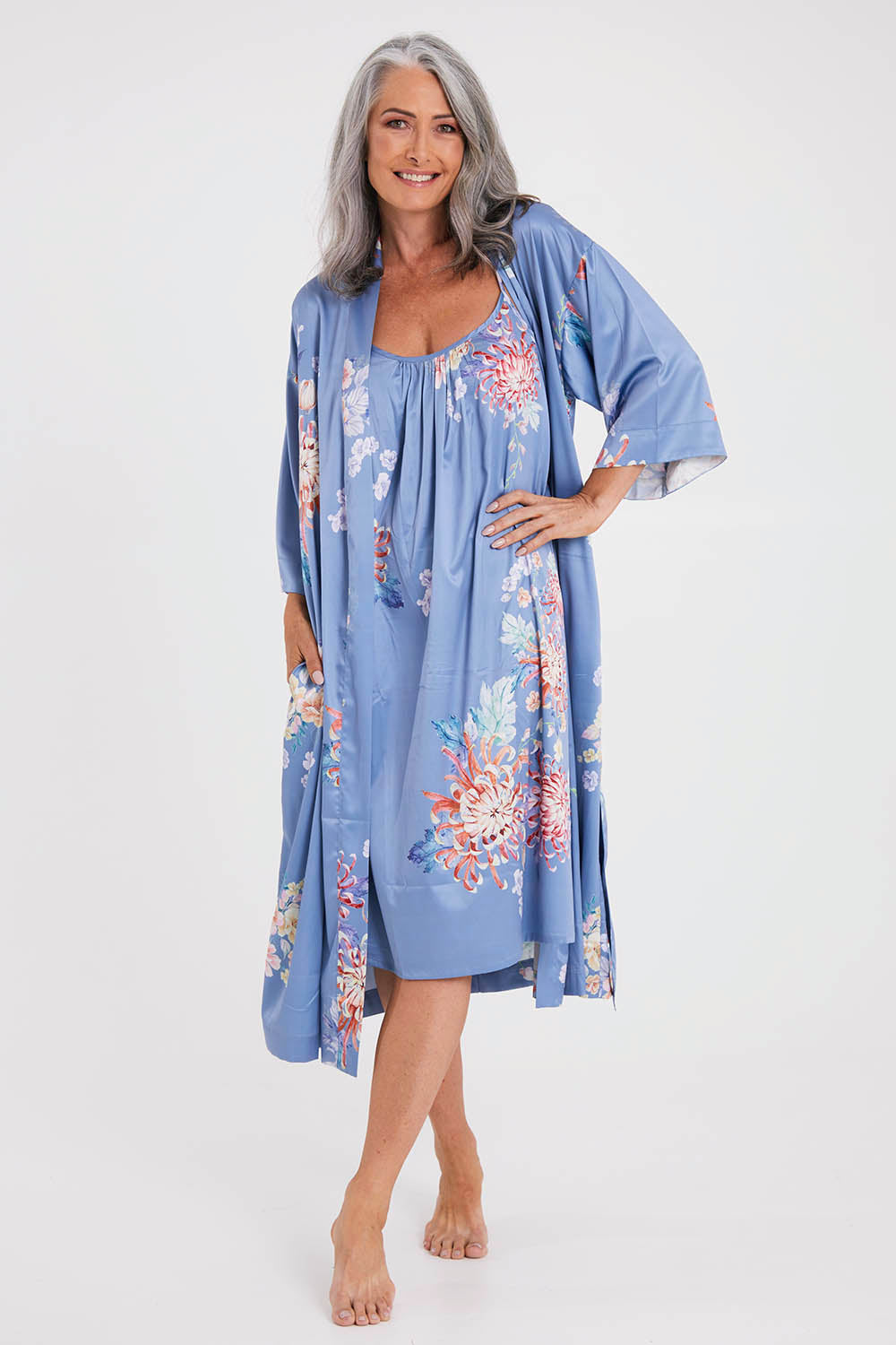 Model Luisa wearing the Rianna Mid Kimono Wrap in colour Dusk (Blue), from the front, showing the whole outfit