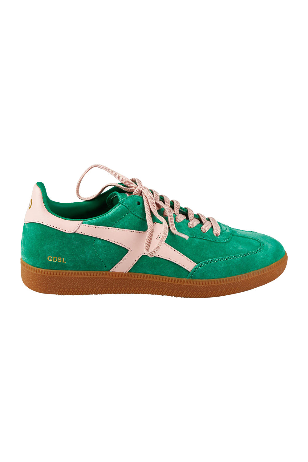 Product shot of the 2001 Crossroads Suede Sneaker in colour Pinepink (Green), from the front