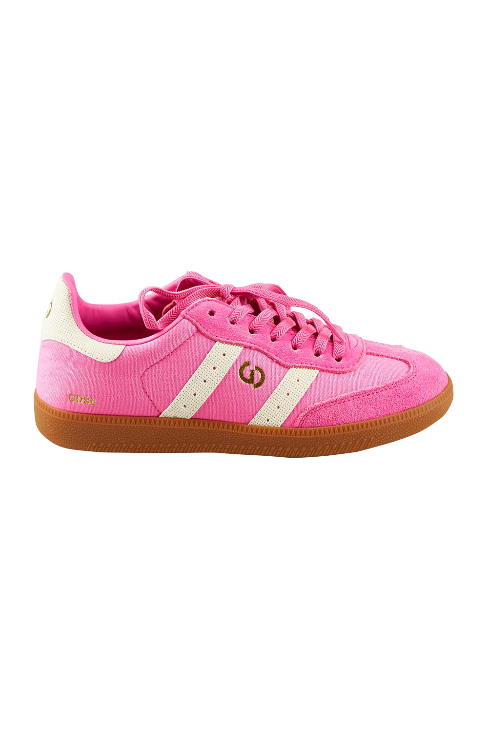 Product shot of the 2001 Parallel Suede Canvas Sneaker in colour Charitypin (Pink), from the front