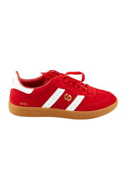 Product shot of the 2001 Parallel Suede Sneaker in colour Auroared (Red), from the front