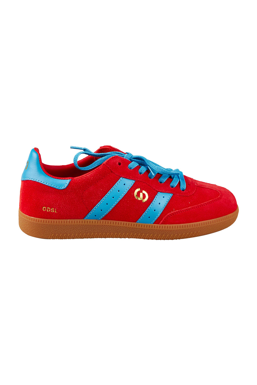 Product shot of the 2001 Parallel Suede Sneaker in colour Melonblue (Red), from the front