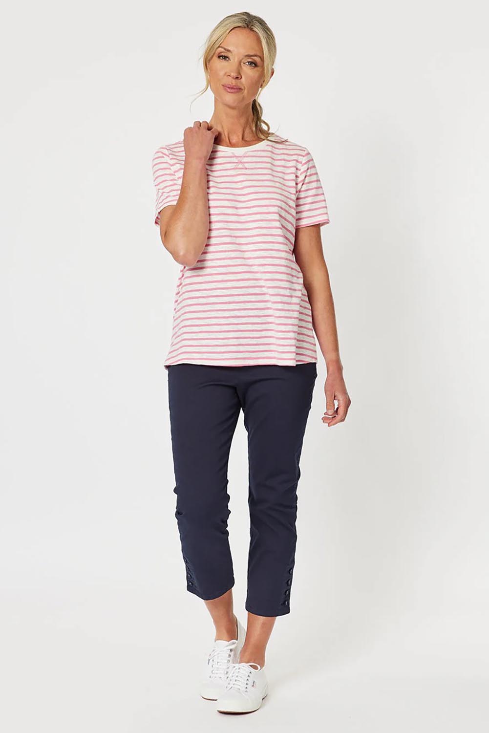 A model wearing the Cotton Twill Pant in colour Navy (Blue), from the front, showing the whole outfit