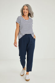 Model Luisa wearing size 10 of the Jersey Waist Linen Pant in colour Marine (Blue), from the front, showing the whole outfit