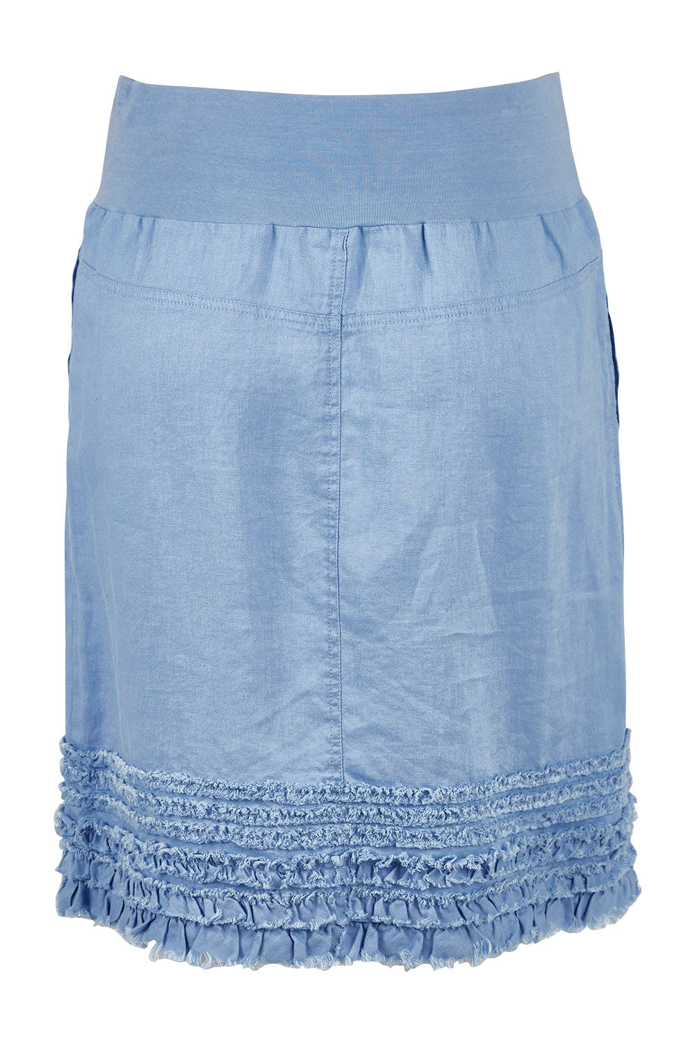 Product shot of the Frill Hem Pull On Linen Skirt in colour Denim (Blue), from the back
