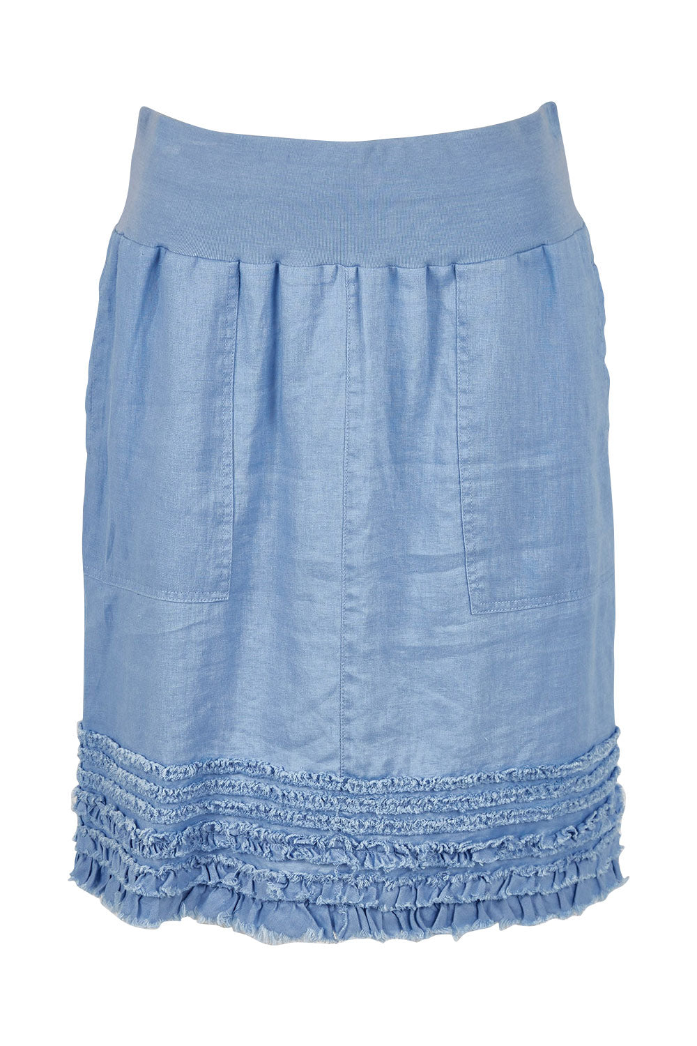 Product shot of the Frill Hem Pull On Linen Skirt in colour Denim (Blue), from the front