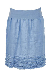 Product shot of the Frill Hem Pull On Linen Skirt in colour Denim (Blue), from the front