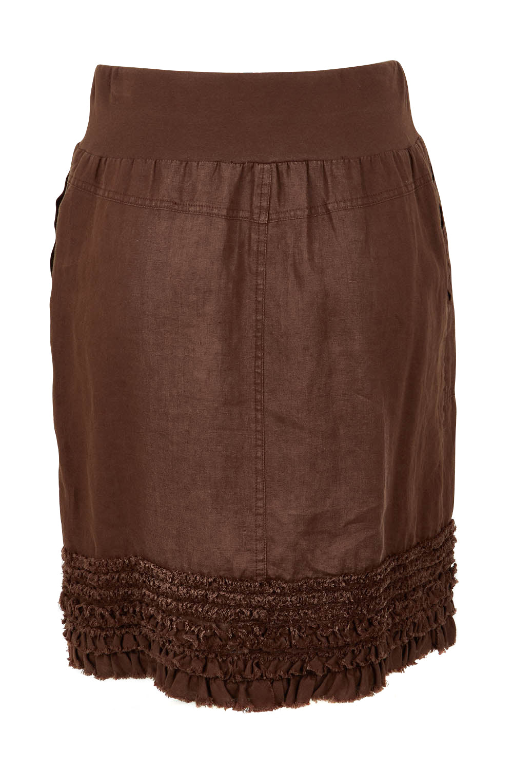 Product shot of the Frill Hem Pull On Linen Skirt in colour Koko, from the back