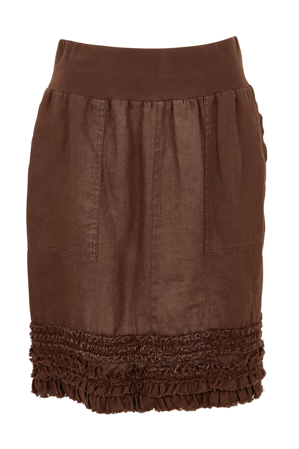 Product shot of the Frill Hem Pull On Linen Skirt in colour Koko, from the front
