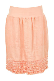 Product shot of the Frill Hem Pull On Linen Skirt in colour Mandarine, from the front