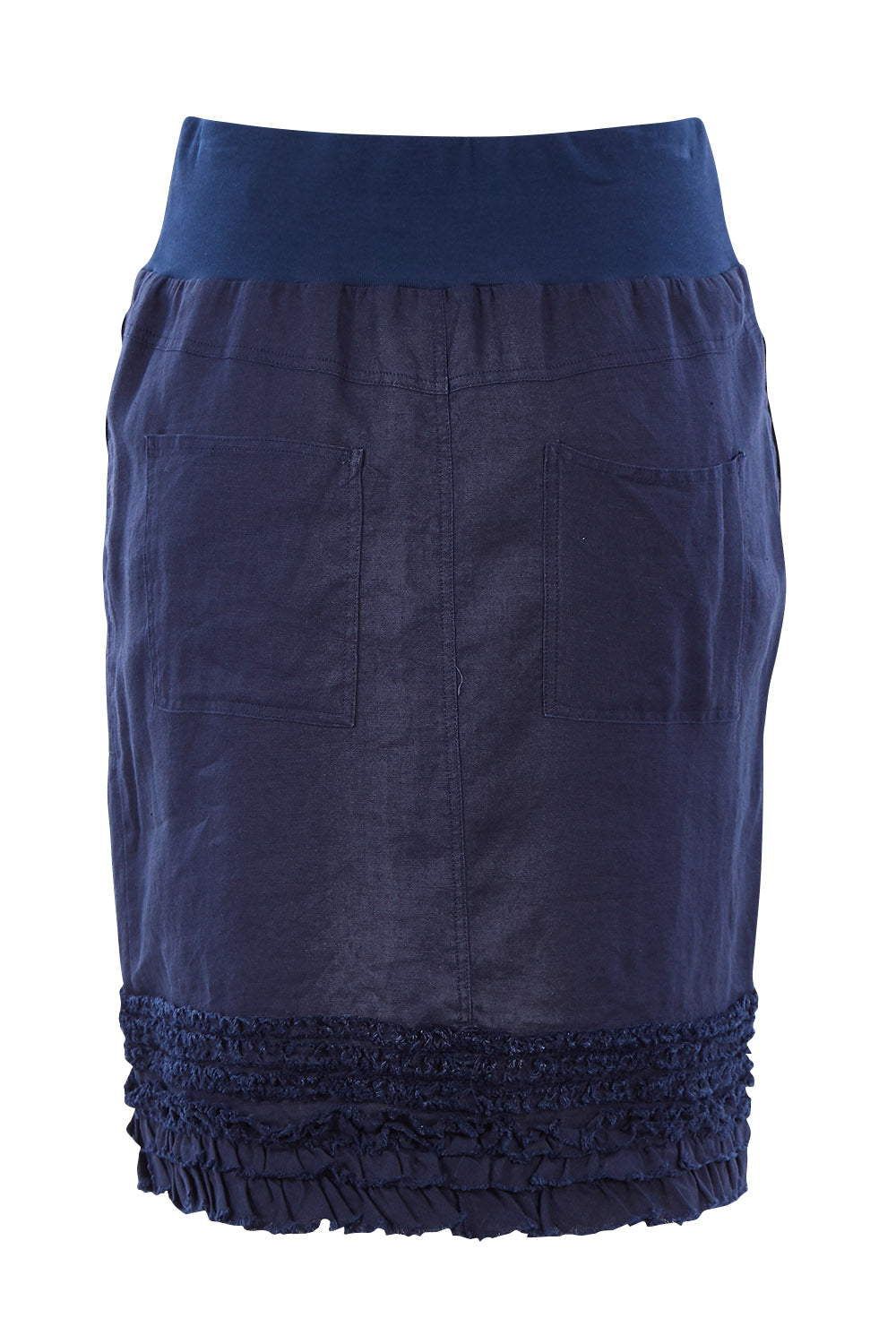 Product shot of the Frill Hem Pull On Linen Skirt in colour Navy (Blue), from the back