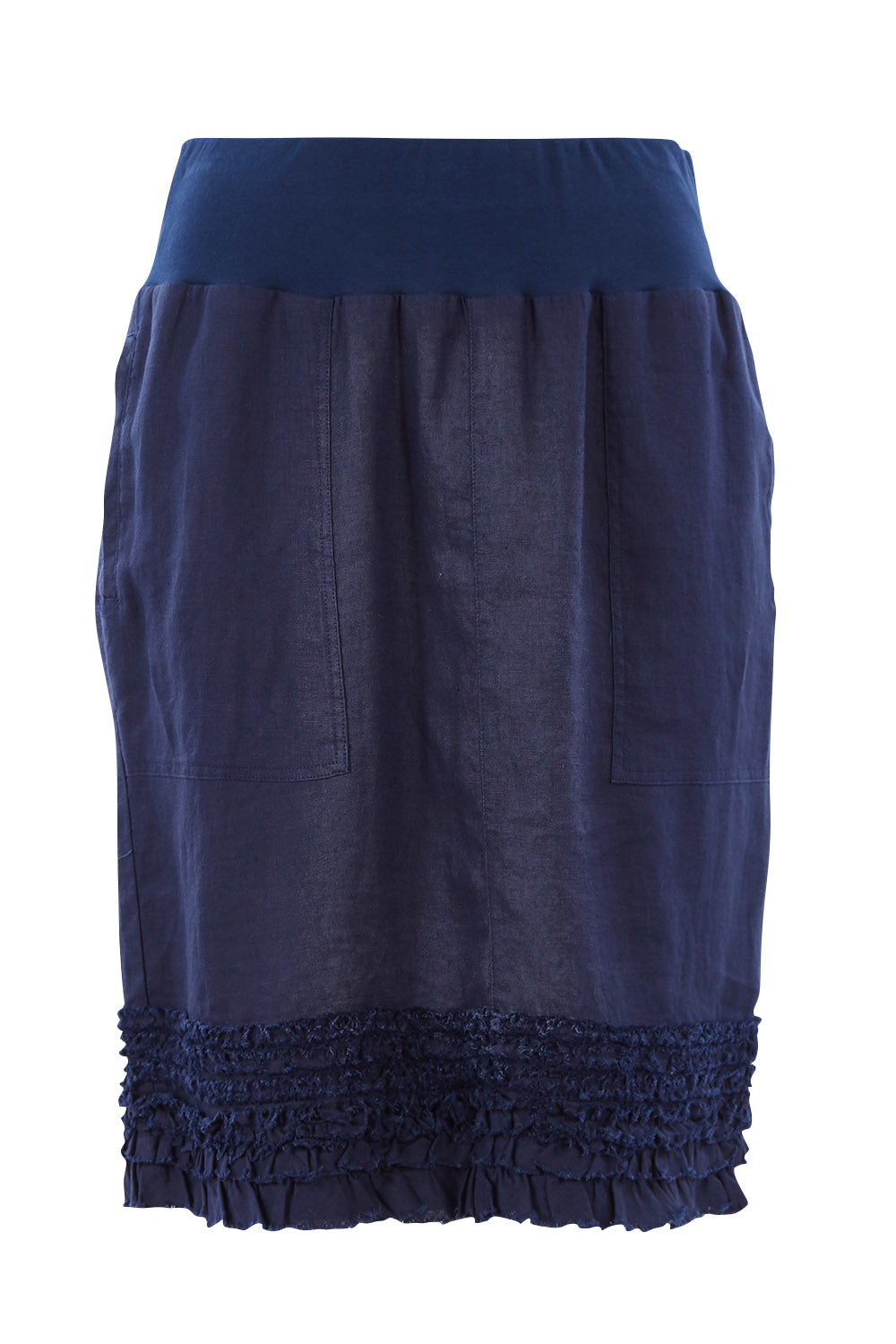 Product shot of the Frill Hem Pull On Linen Skirt in colour Navy (Blue), from the front