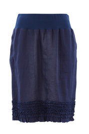 Product shot of the Frill Hem Pull On Linen Skirt in colour Navy (Blue), from the front
