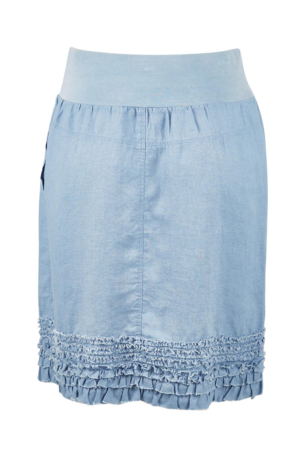 Product shot of the Frill Hem Pull On Linen Skirt in colour Powder (Blue), from the back