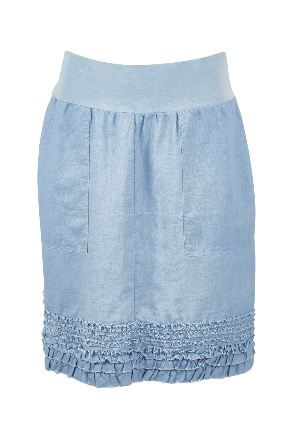 Product shot of the Frill Hem Pull On Linen Skirt in colour Powder (Blue), from the front