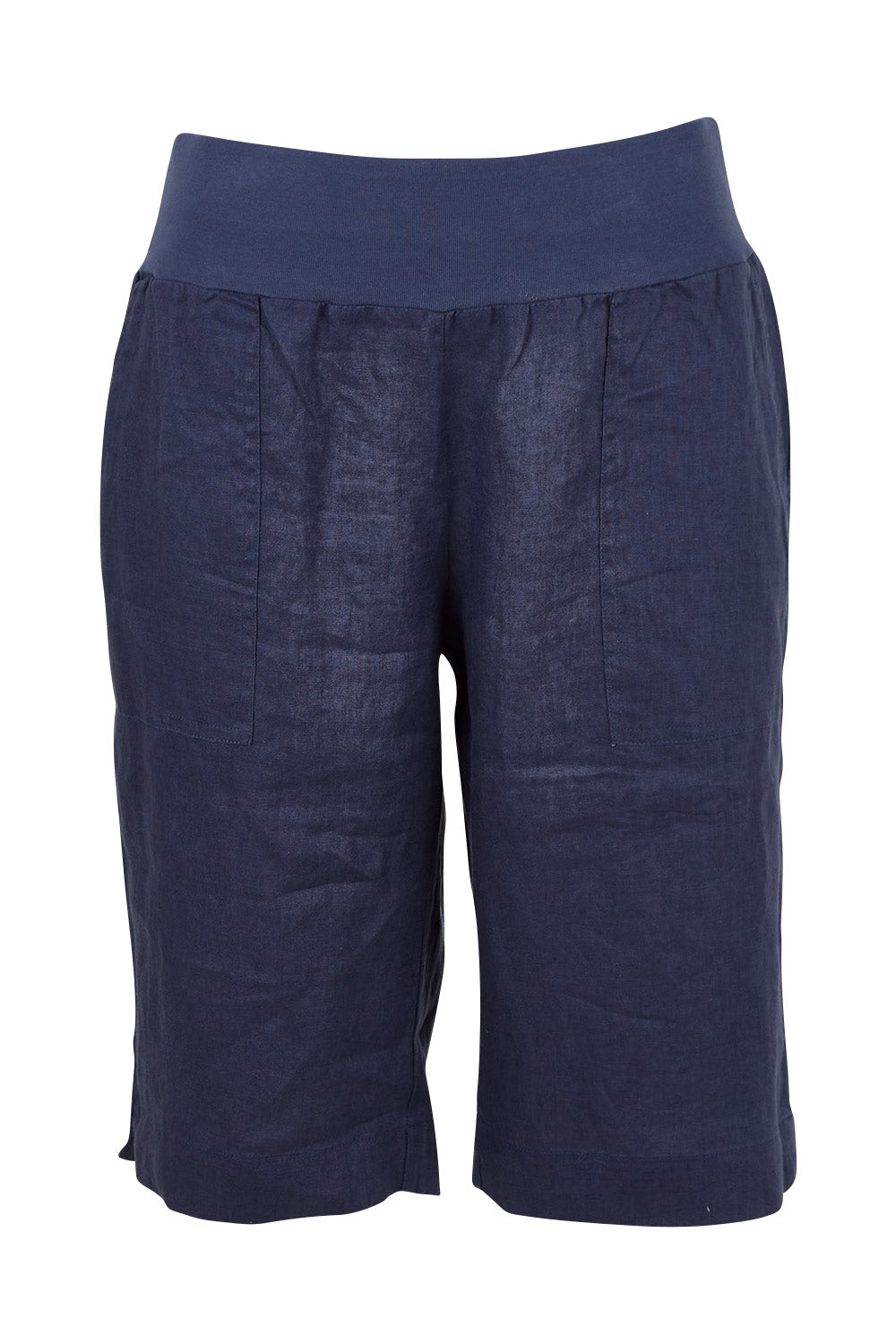 Product shot of the Pull On Linen Short in colour Marine (Blue), from the front