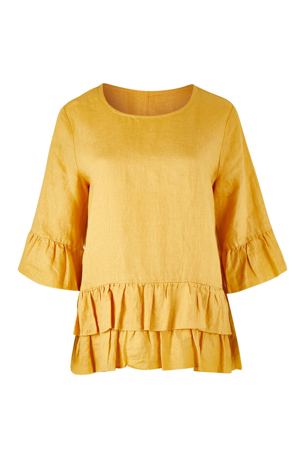 Product shot of the Frilled Hem Top in colour Gold, from the front