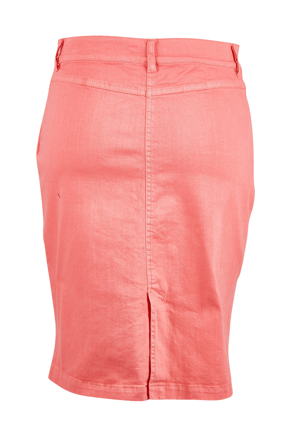Product shot of the Miracle Denim Skirt in colour Coral (Pink), from the back
