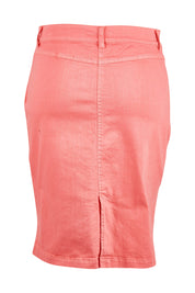 Product shot of the Miracle Denim Skirt in colour Coral (Pink), from the back