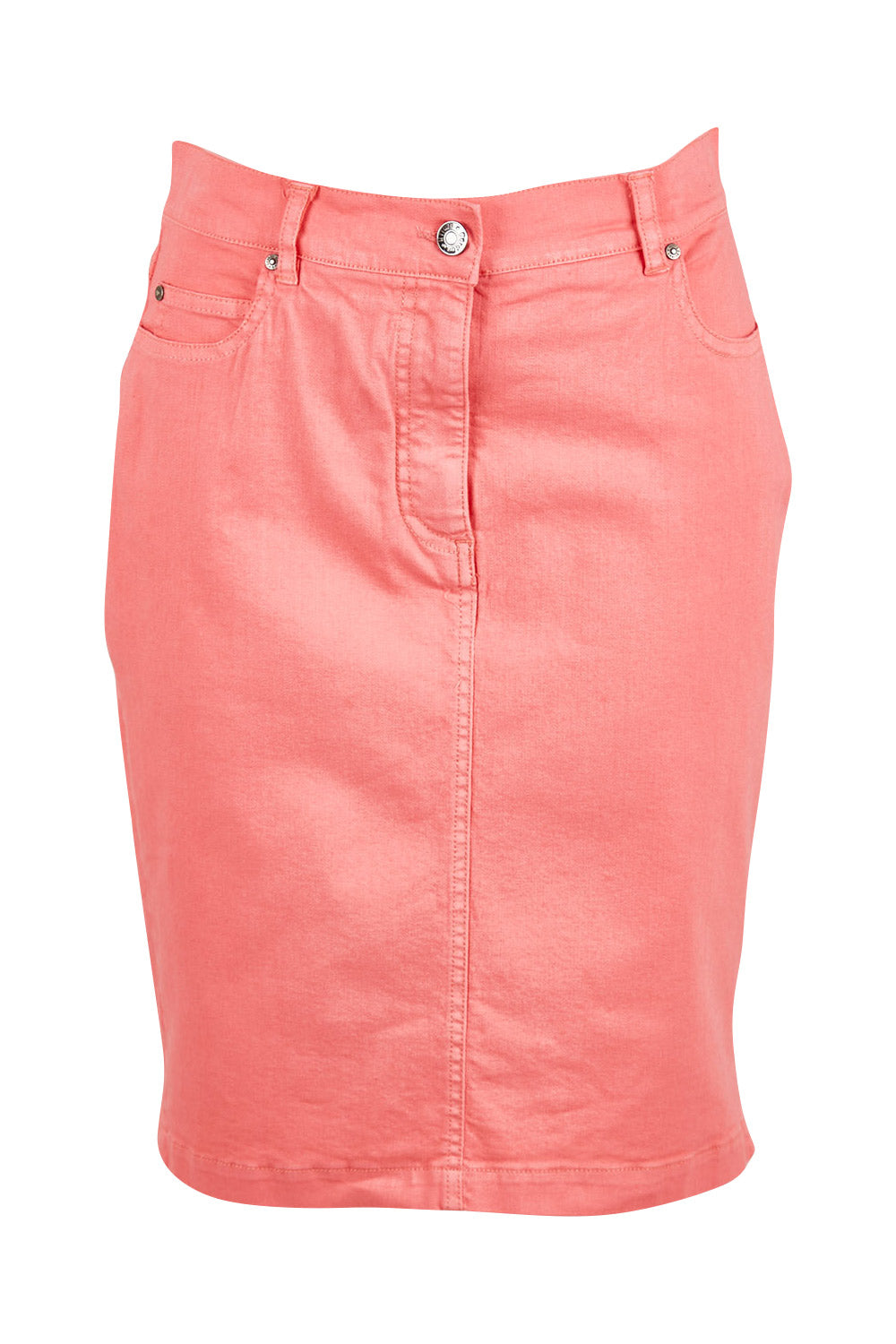 Product shot of the Miracle Denim Skirt in colour Coral (Pink), from the front
