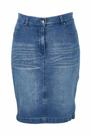 Product shot of the Miracle Denim Skirt in colour Washdenim (Blue), from the front
