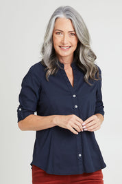 Model Luisa wearing size 10 of the Emma Rib Detail Shirt in colour Navy (Blue), from the front, cropped image