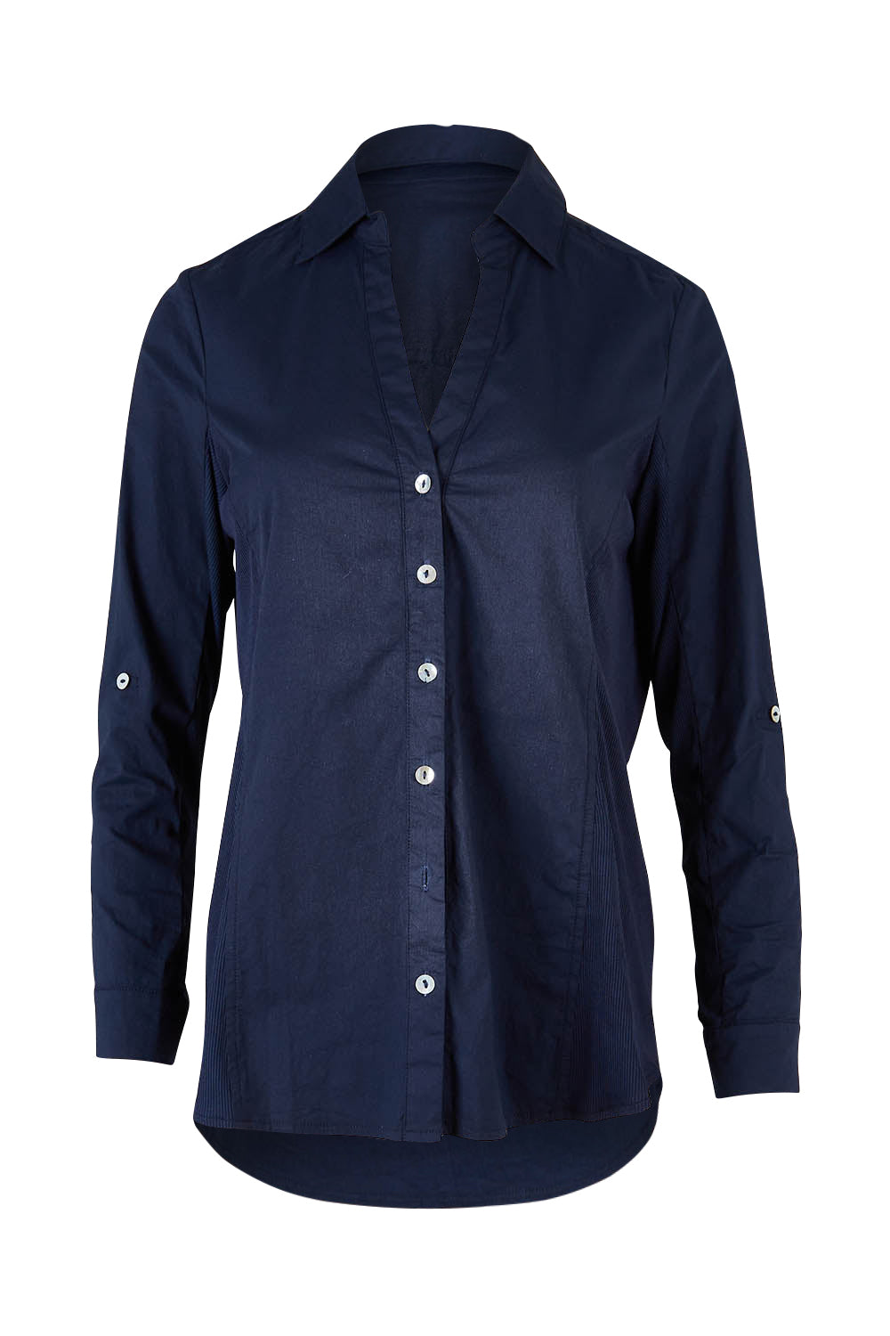 Product shot of the Emma Rib Detail Shirt in colour Navy (Blue), from the front