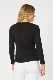 A model wearing the Crew Neck Long Sleeve Cotton Top in colour Black (Black), from the back