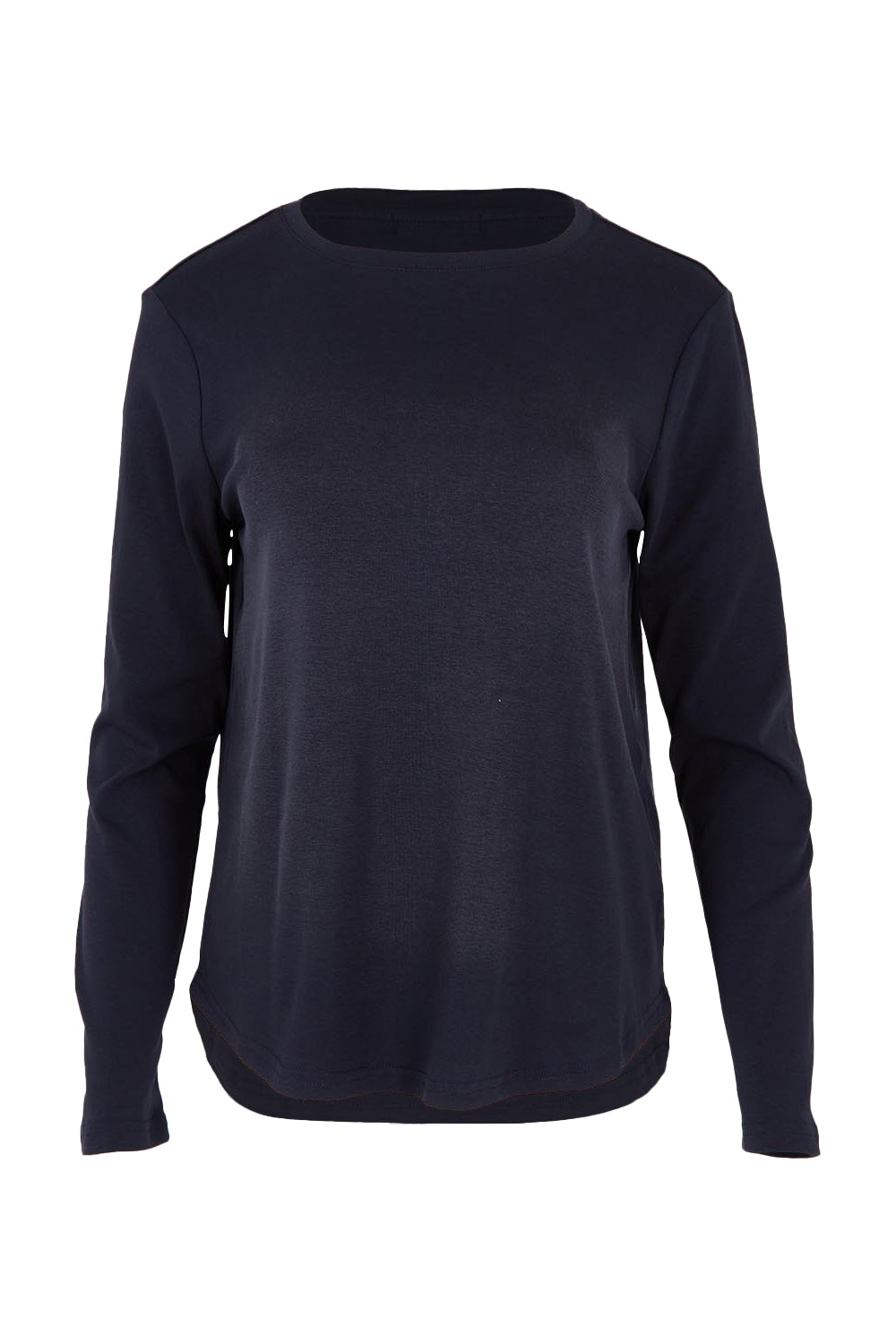 Product shot of the Crew Neck Long Sleeve Cotton Top in colour Navy (Blue), from the front