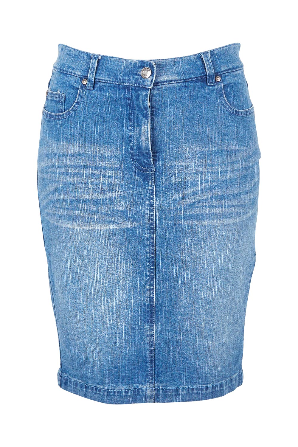 Product shot of the Miracle Denim Straight Skirt in colour Denim (Blue), from the front