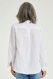 Model Luisa wearing size 10 of the Classic Linen Shirt in colour White (White), from the back