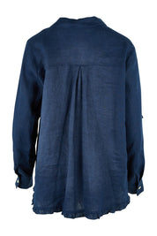 Product shot of the Ruffle Hem Linen Shirt in colour Navy (Blue), from the back