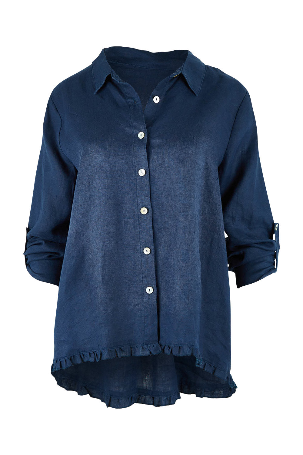 Product shot of the Ruffle Hem Linen Shirt in colour Navy (Blue), detail