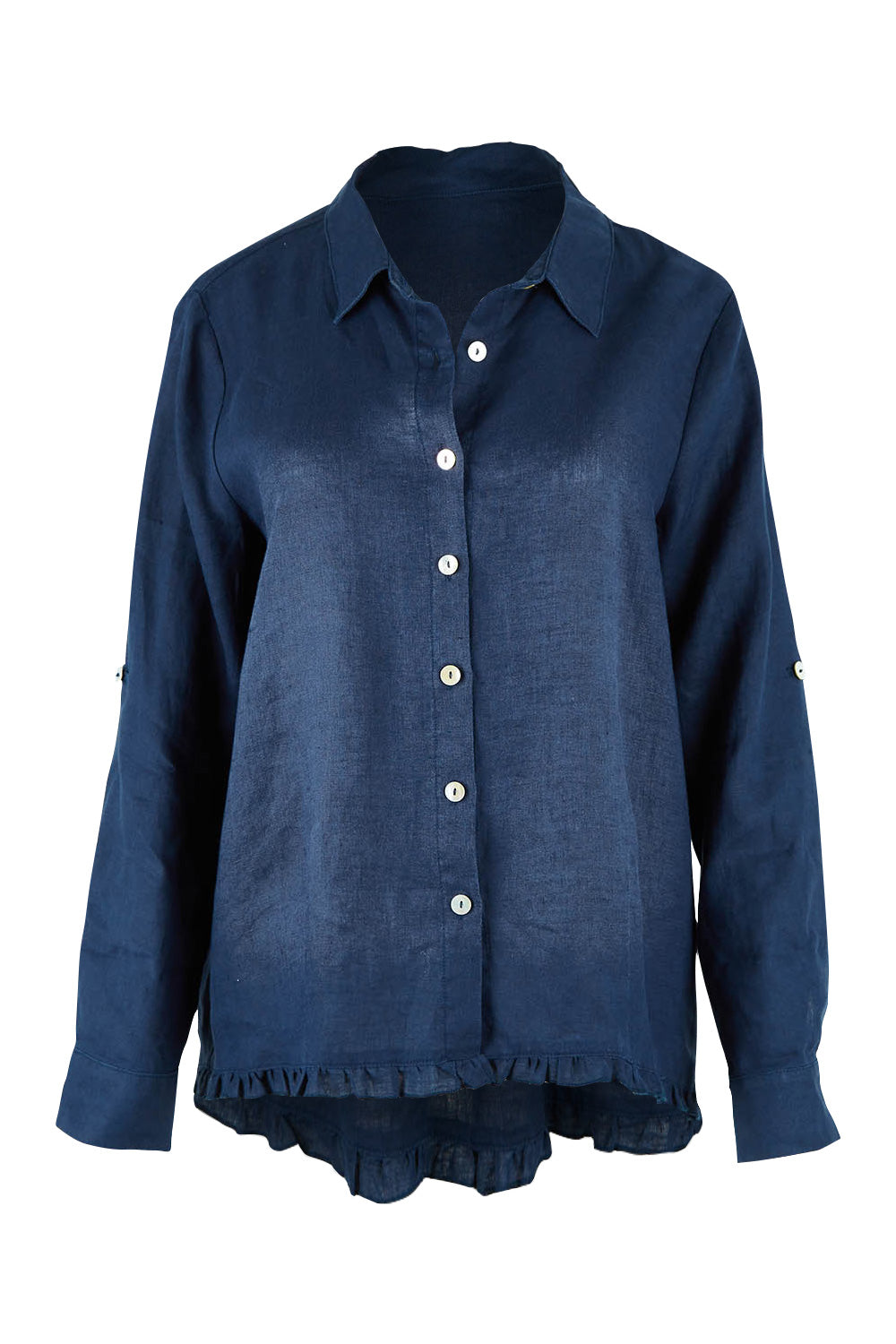 Product shot of the Ruffle Hem Linen Shirt in colour Navy (Blue), from the front
