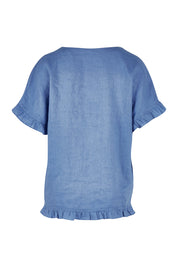 Product shot of the Alex Ruffle Linen Top in colour Cobalt (Blue), from the back