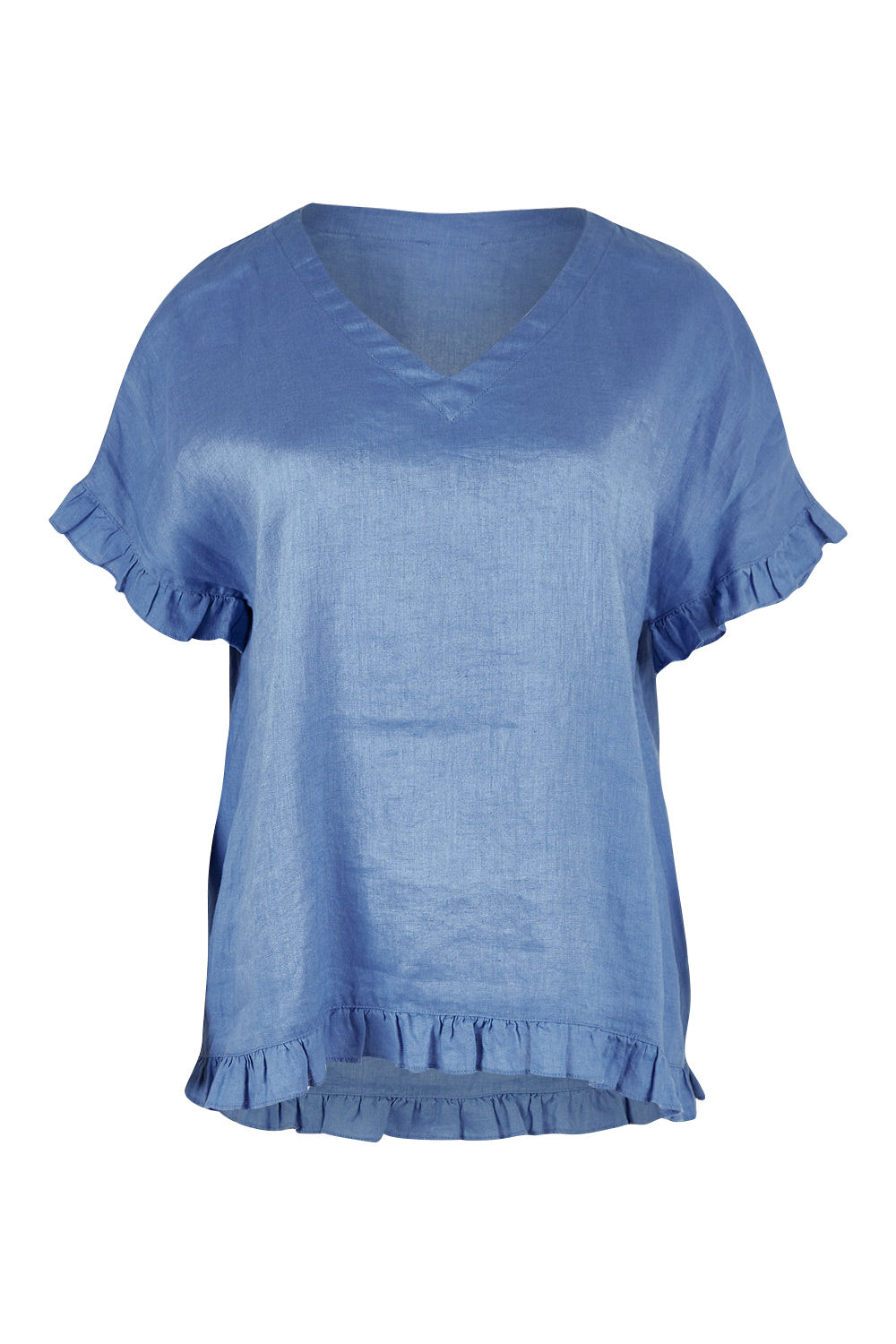 Product shot of the Alex Ruffle Linen Top in colour Cobalt (Blue), from the front