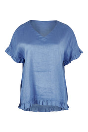 Product shot of the Alex Ruffle Linen Top in colour Cobalt (Blue), from the front