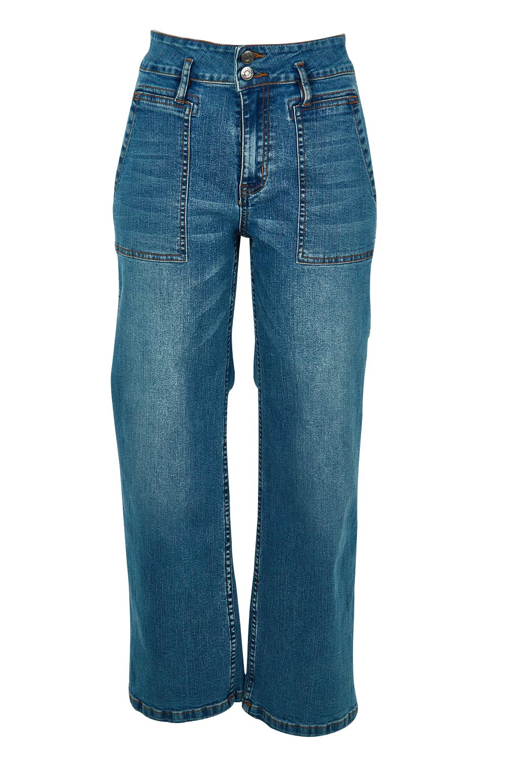 Product shot of the Hudson Wide Leg Jean in colour Denim (Blue), from the front
