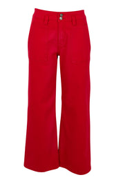 Product shot of the Hudson Wide Leg Jean in colour Red (Red), from the front