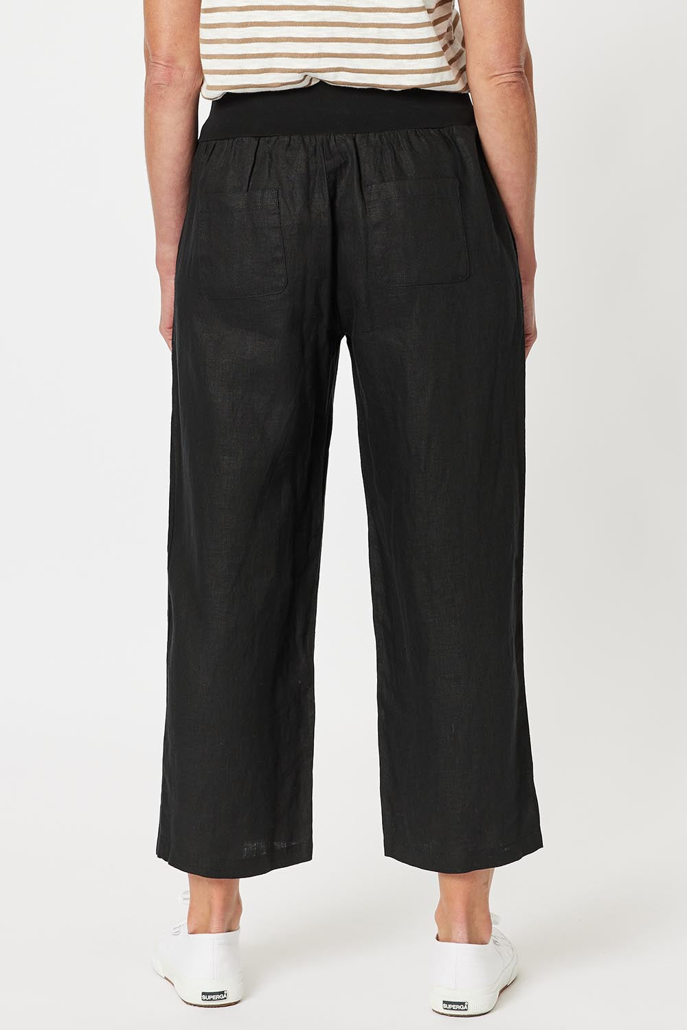 A model wearing the Classic Wide Leg Linen Pant in colour Black (Black), from the back