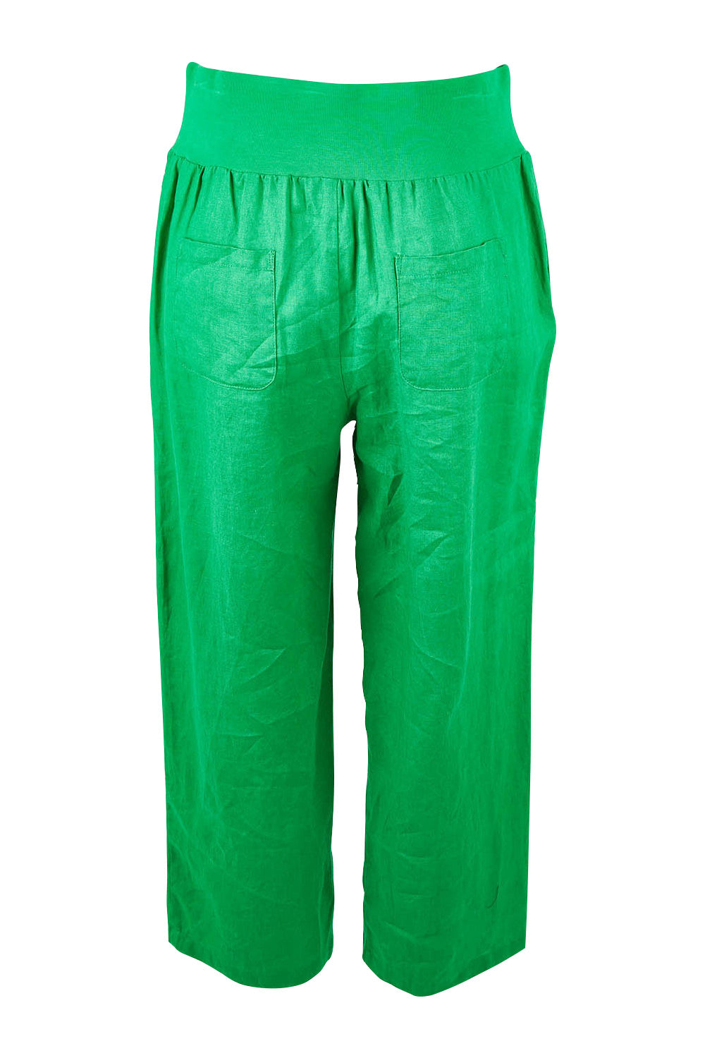 Product shot of the Classic Wide Leg Linen Pant in colour Emerald (Green), from the back