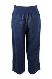 Product shot of the Classic Wide Leg Linen Pant in colour Navy (Blue), from the back