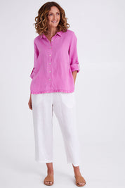 Model Emma wearing size 10 of the Classic Wide Leg Linen Pant in colour White (White), from the front, showing the whole outfit