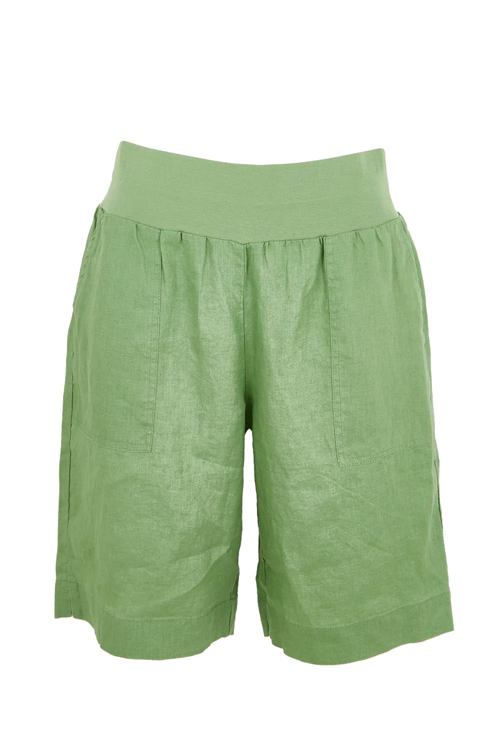 Product shot of the Jersey Waist Linen Short - Fern in colour Fern, from the front