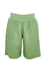 Product shot of the Jersey Waist Linen Short - Fern in colour Fern, from the front