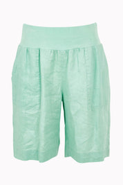 Product shot of the Jersey Waist Linen Short in colour Mint, from the front