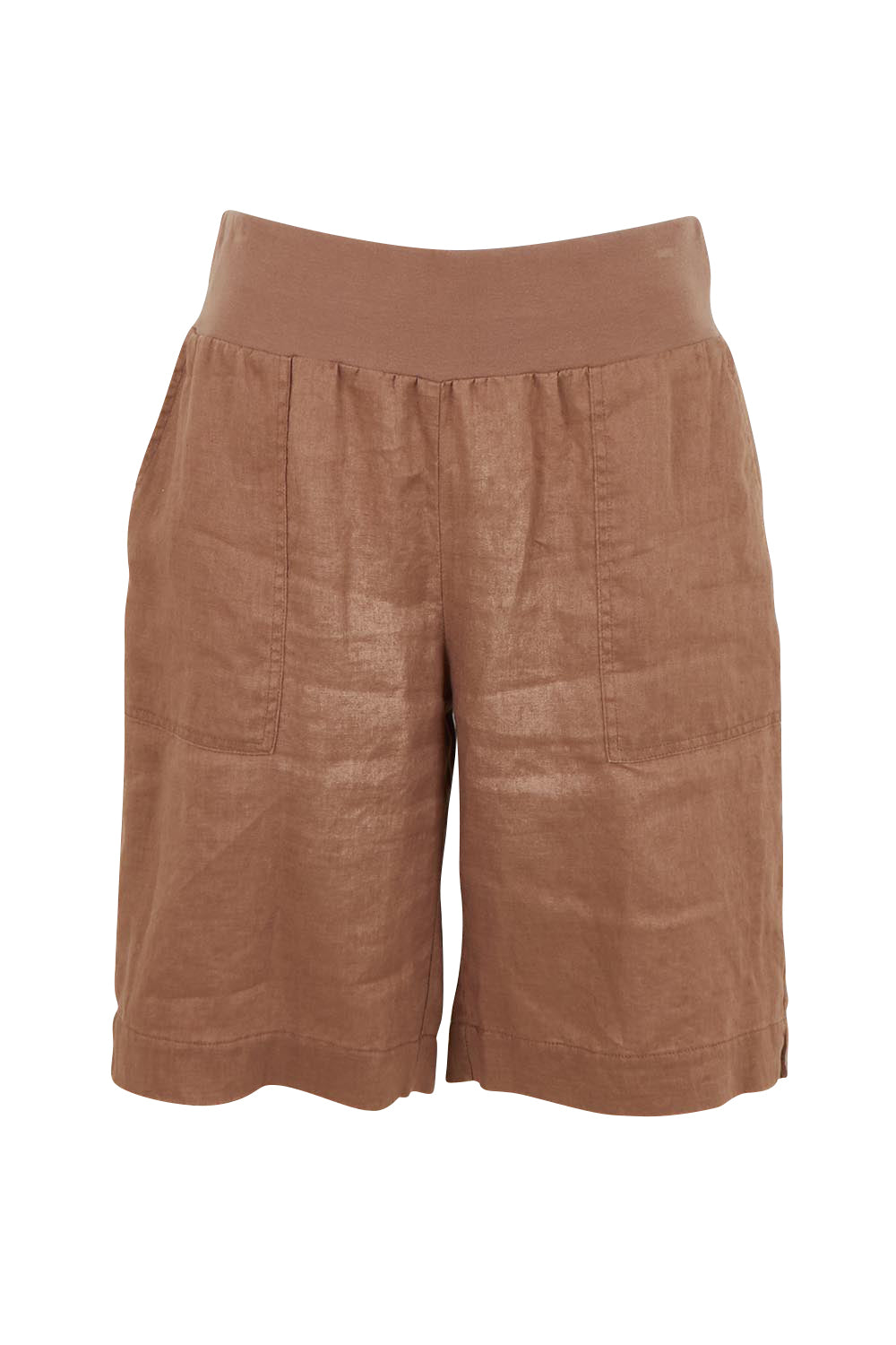 Product shot of the Jersey Waist Linen Short - Mocha in colour Mocha, from the front